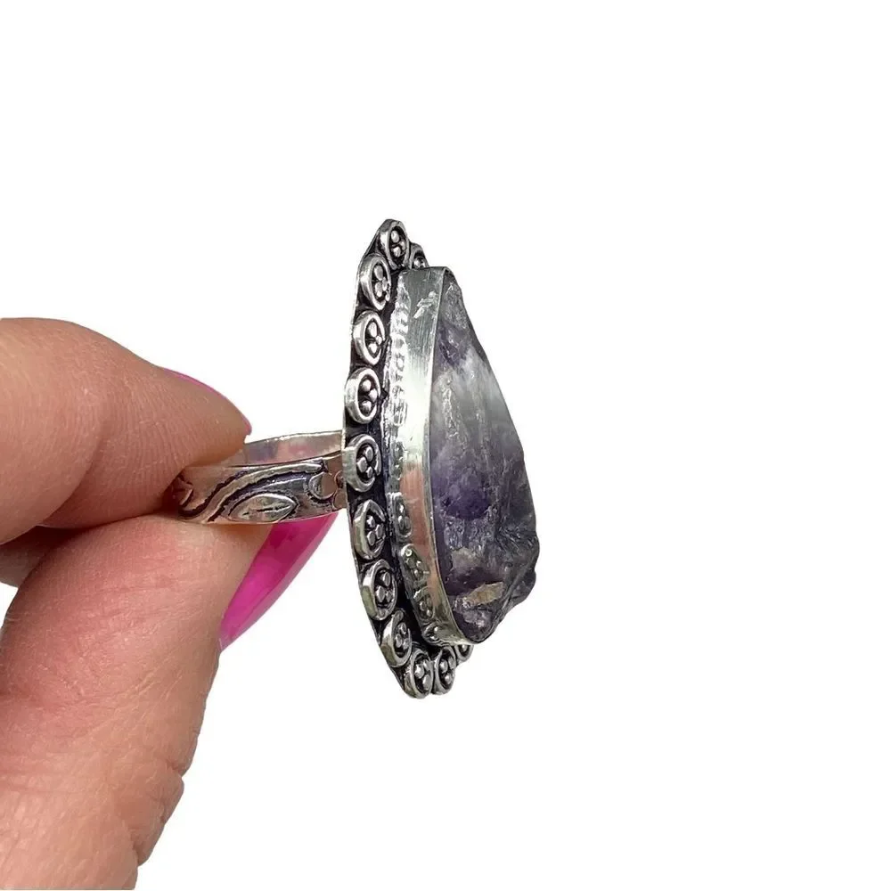 Raw Rough Chevron Amethyst Ring Size 7.5 925 Sterling Silver Overlay
